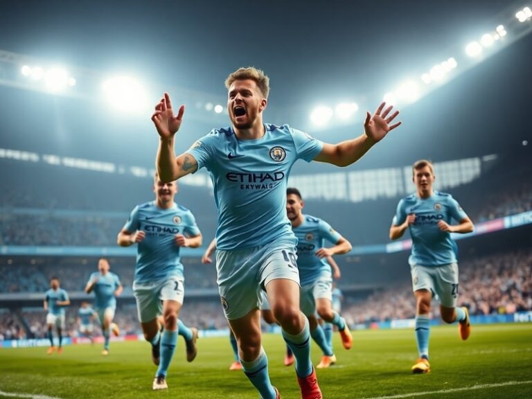Erling Haaland in a Manchester City kit celebrating a goal, surrounded by teammates, with a blurred stadium background captur