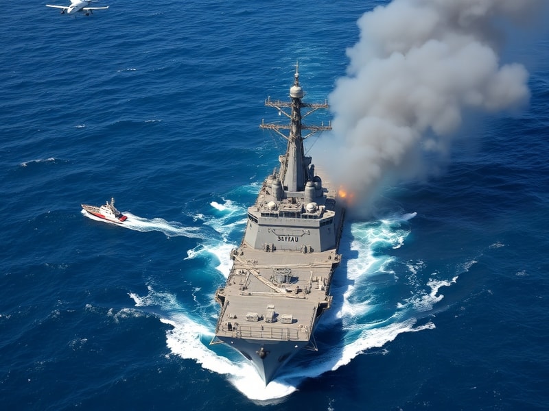 Aerial view of the USS Juneau sinking during a Valiant Shield live-fire exercise in deep Pacific waters, with allied naval sh