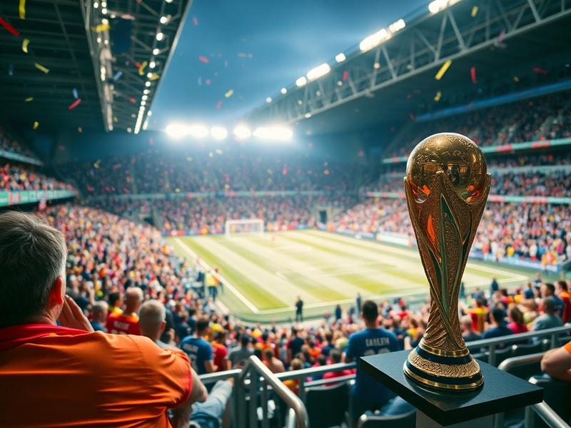 A vibrant stadium scene at dusk with floodlights illuminating the pitch, showing players in mid-action during a World Cup qua