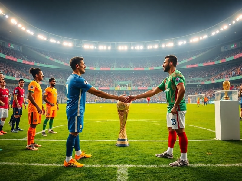 A vibrant stadium filled with fans, colorful banners, and players on the pitch, set in a North American city like Los Angeles