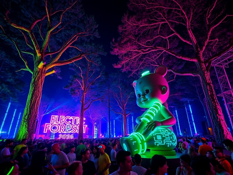 A neon-lit forest pathway at dusk, with bioluminescent trees and drone lights forming constellations above, blending nature a