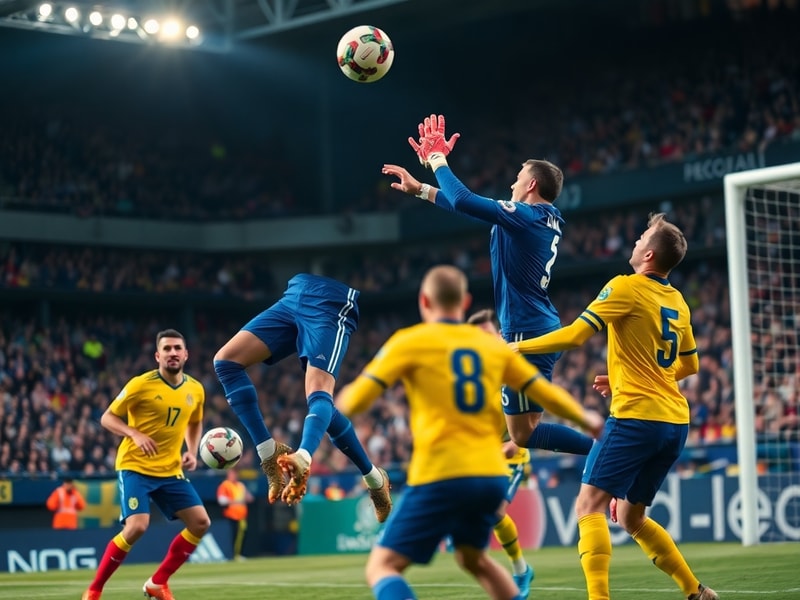 A tense moment during the France vs Sweden match, showing players mid-action on the pitch with fans blurred in the background