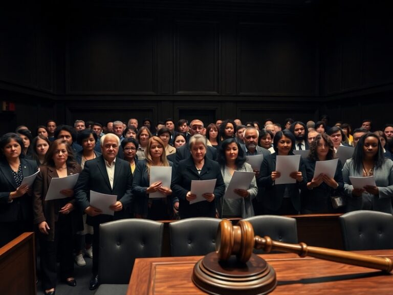 A courtroom sketch-style illustration showing a diverse group of plaintiffs seated together, facing a judge’s bench. The scen