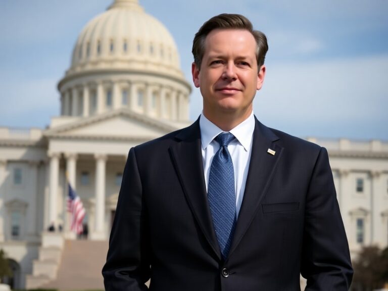 A formal portrait of Congressman Tom Kean Jr. speaking at a podium in front of an American flag, with a bookshelf and Capitol
