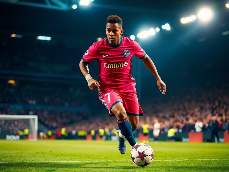 A dynamic action shot of Kylian Mbappé in Paris Saint-Germain kit, mid-dribble on a rain-soaked pitch with blurred stadium li