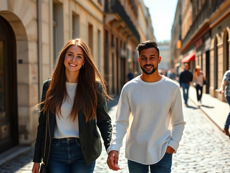 A stylish paparazzi-style photo of Kylian Mbappé walking hand-in-hand with a partner in Monaco, with blurred city lights in t