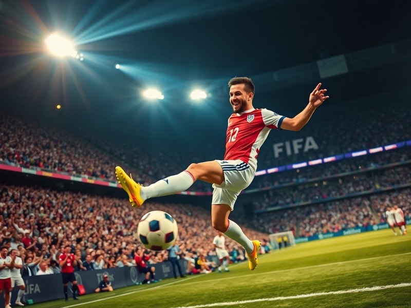 A dynamic action shot of Kylian Mbappé scoring in the 2022 World Cup final, wearing France’s blue jersey, with Argentina’s go