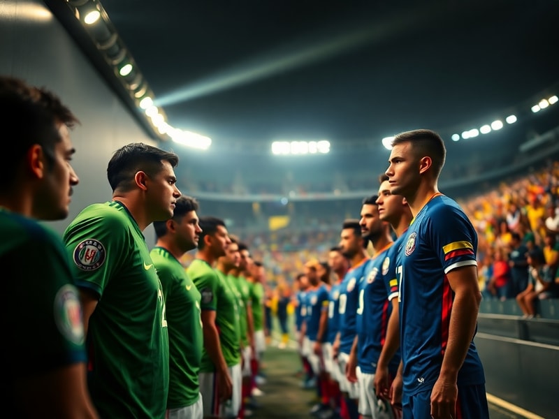 A dynamic action shot of a Mexico vs Ecuador match at night, with players in red and green kits contesting a header in midfie