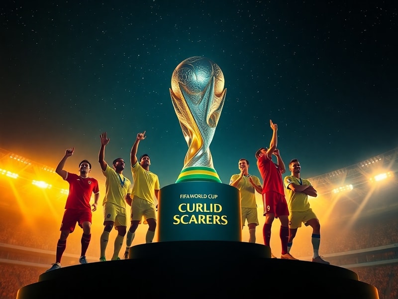 A collage of legendary World Cup goal scorers like Klose, Ronaldo, and Messi celebrating on the pitch, with stadium lights in