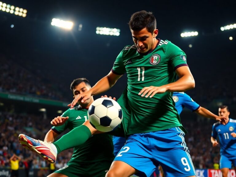 A dynamic action shot of two soccer players, one in Mexico’s green jersey and the other in Ecuador’s yellow jersey, contestin
