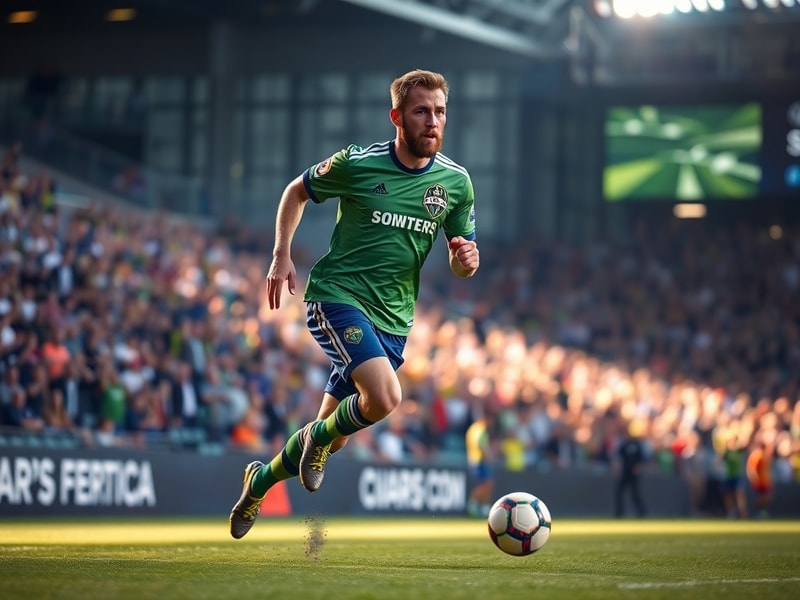 A dynamic action shot of Clint Dempsey in a Seattle Sounders jersey, mid-kick during a game at Lumen Field, with fans in the
