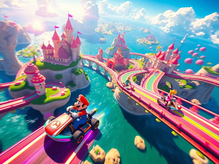 A vibrant scene of four players intensely racing on a colorful Mario Kart track, with items flying in the air, set in a livel