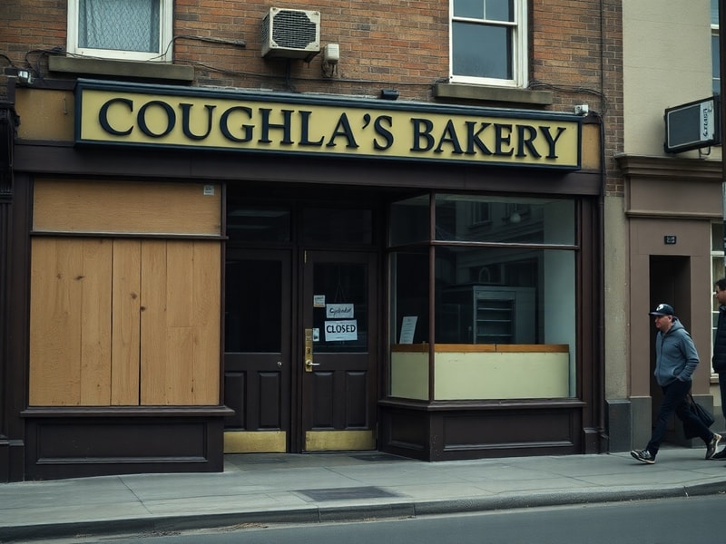 A nostalgic black-and-white photo of the exterior of Coughlan’s Bakery in Cork, showing the classic shopfront with wooden sig