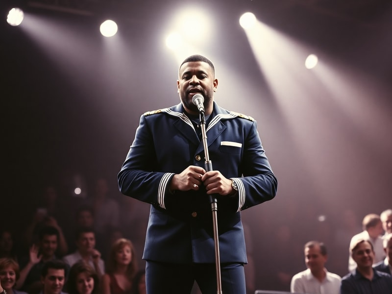 A vibrant concert photo of Victor Willis performing with the Village People in the late 1970s, wearing his iconic military un