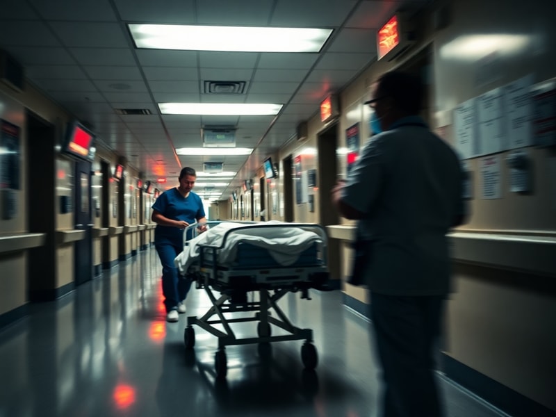 A busy urban emergency department at night, with medical staff attending to patients in a brightly lit, high-stress environme