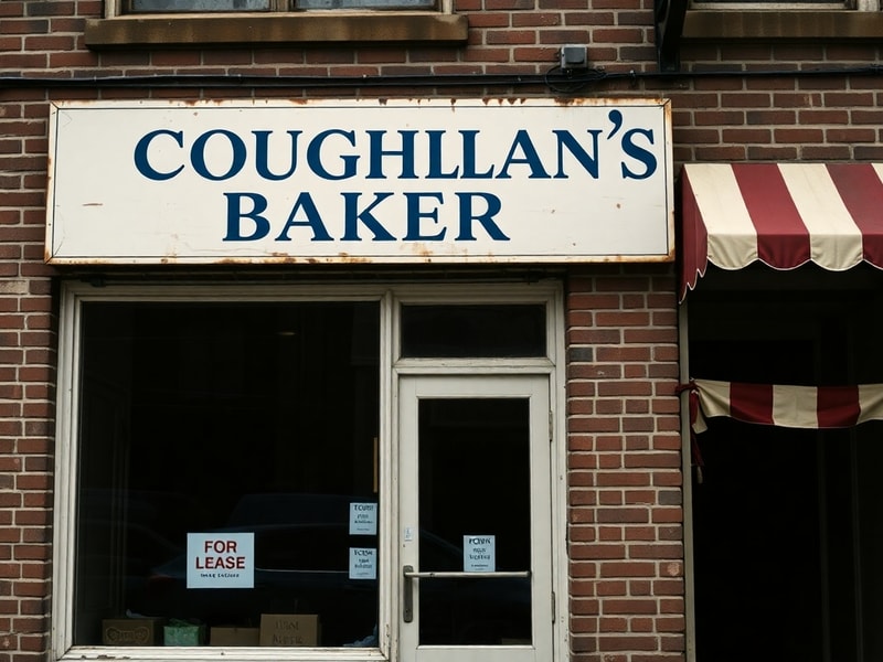 A nostalgic photo of Coughlan’s Bakery storefront on a quiet Bronx street, with a faded sign reading 'Est. 1930' and a few cu
