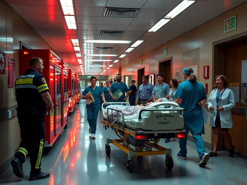 A tense scene inside a busy emergency department: medical staff in scrubs attending to a patient on a gurney, monitors displa