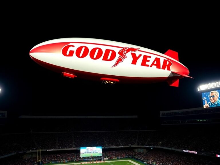 A vivid daytime shot of the Goodyear Blimp (Wingfoot One) hovering over a packed football stadium, with its bright blue and y