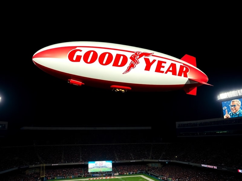 A vivid daytime shot of the Goodyear Blimp (Wingfoot One) hovering over a packed football stadium, with its bright blue and y