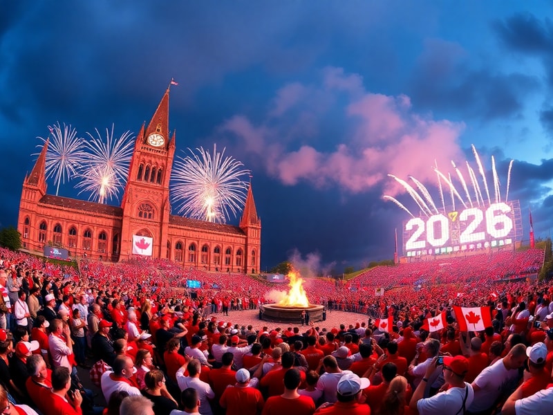 A vibrant outdoor festival scene at sunset with Canadian flags, Indigenous dancers in regalia, digital projection mapping of