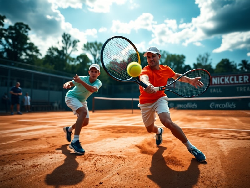 A focused tennis player mid-rally on a sunlit court, sweat glistening, with a Kessler-certified coach observing from the side