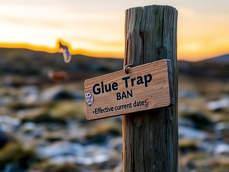 A close-up shot of a glue trap with a small mammal caught in it, placed in a barn setting. The image shows the animal in dist