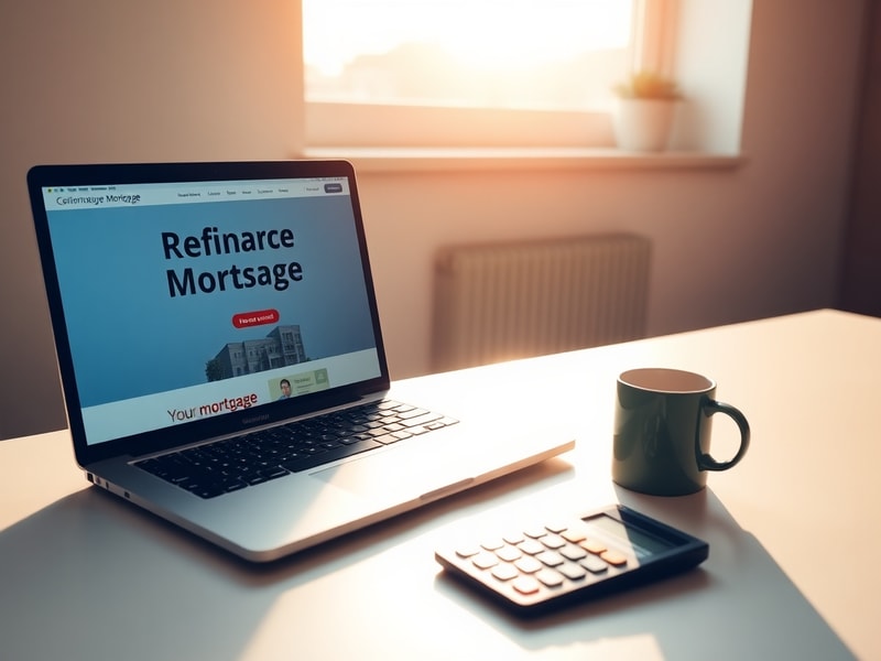 A modern kitchen with a laptop displaying mortgage rate charts, a coffee cup, and a small house model on the counter, evoking