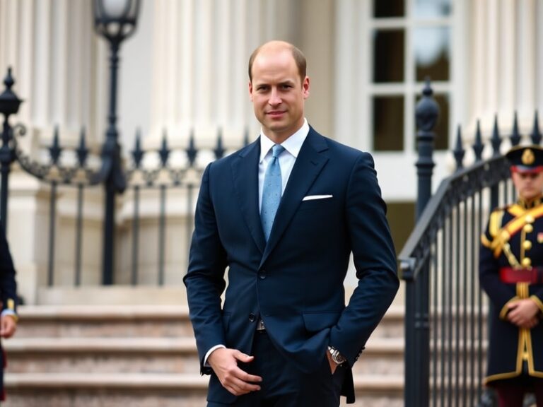 A formal portrait of Prince William in military uniform, standing with Catherine, Princess of Wales, and their three children