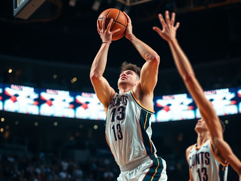 A dynamic action shot of Moe Wagner mid-game, wearing a Michigan Wolverines jersey, leaping for a rebound with a focused expr