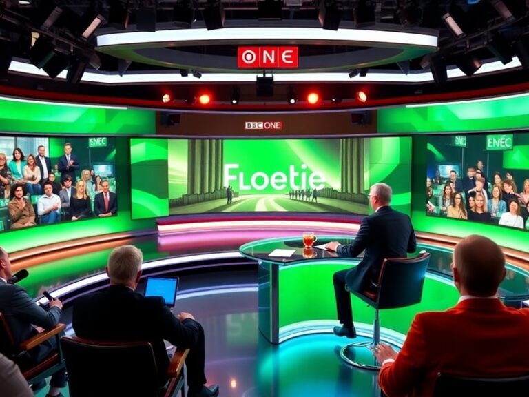 A split-screen image showing a BBC One Live news studio with presenters on screen, a live sports event in the background, and