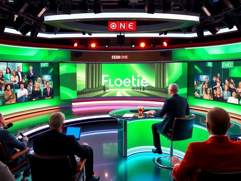 A split-screen image showing a BBC One Live news studio with presenters on screen, a live sports event in the background, and