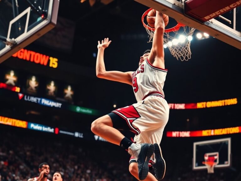 Nikola Vučević in action during a game, wearing a Chicago Bulls uniform, mid-shot with focus on his form and the arena backgr
