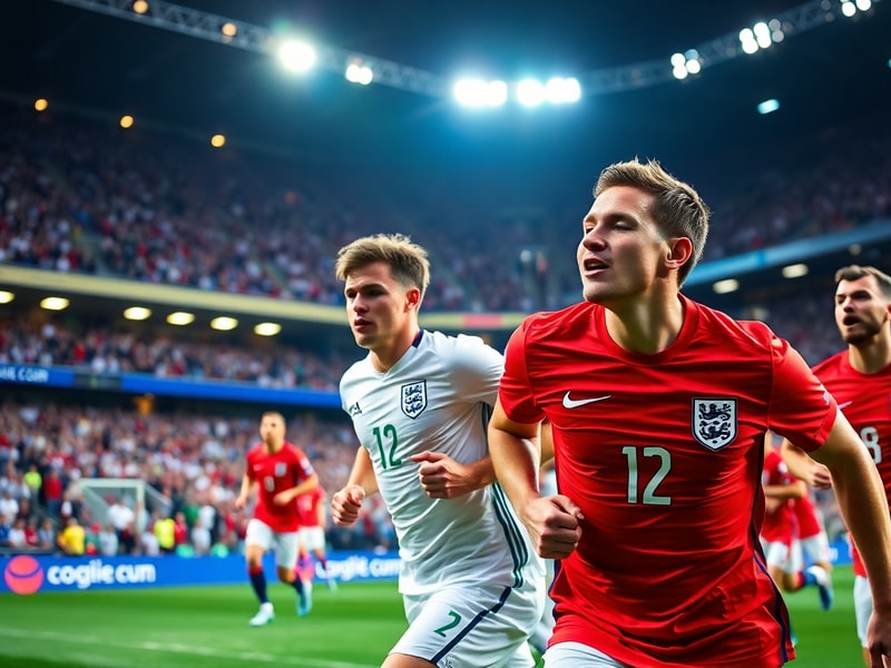 A dynamic action shot of England players in a World Cup match, with the iconic St. George’s Cross flag visible in the backgro