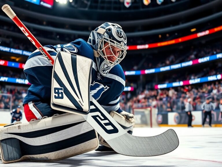 A dynamic action shot of Joonas Korpisalo in full gear, mid-save against a blurred opposing player, with the Ottawa Senators'