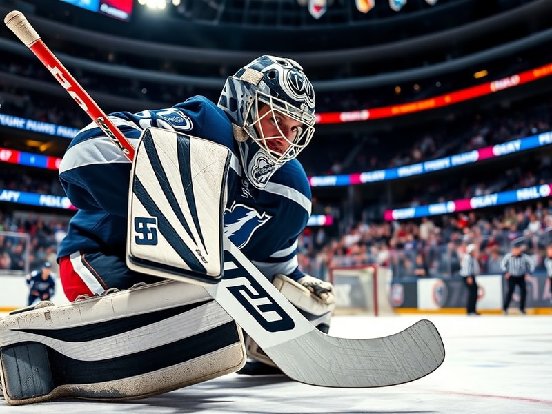 A dynamic action shot of Joonas Korpisalo in full gear, mid-save against a blurred opposing player, with the Ottawa Senators'