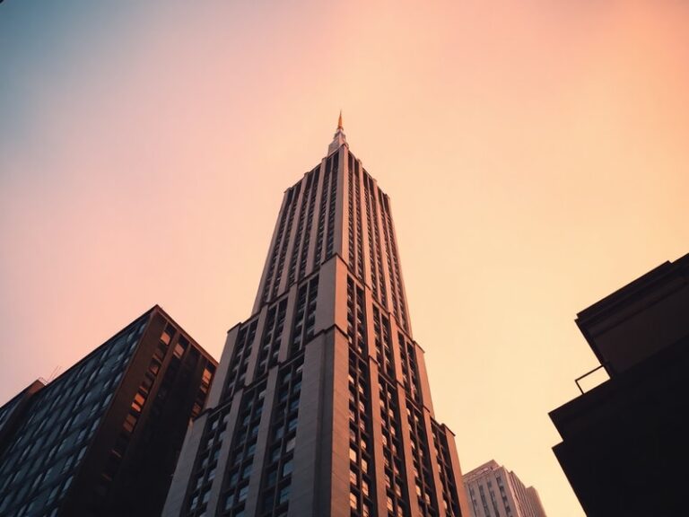 A daytime view of the Empire State Building from street level, showcasing its Art Deco design, towering height, and bustling
