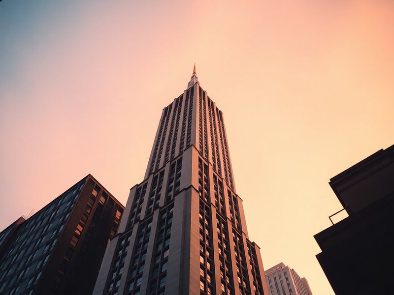 A daytime view of the Empire State Building from street level, showcasing its Art Deco design, towering height, and bustling