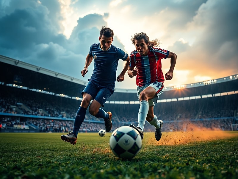 A dynamic photo of multiple strikers celebrating goals in different leagues, with stadium lights and scoreboards visible. The