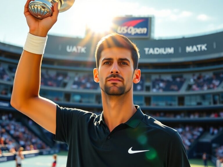 A dynamic photo of Novak Djokovic holding a tennis racket on a blue clay court, mid-swing, with a focused expression. His mod