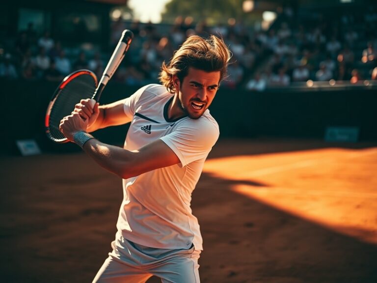 Stefanos Tsitsipas in mid-match action on a blue clay court, wearing a white Nike shirt with a focused expression, surrounded