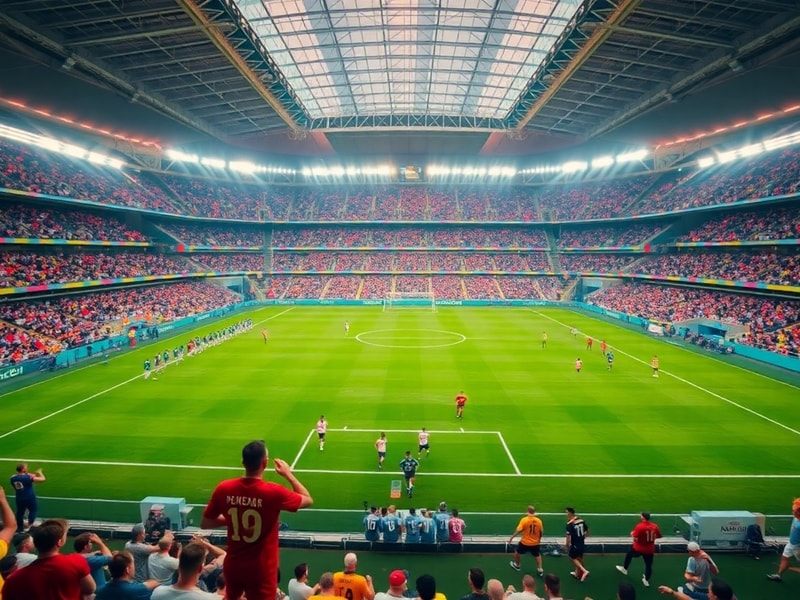 A vibrant stadium packed with fans wearing diverse jerseys, colorful banners, and digital screens displaying the 2026 World C
