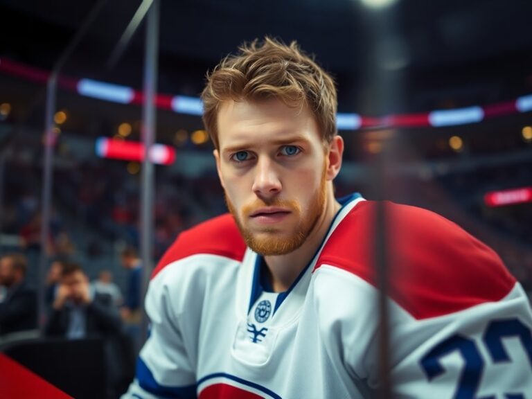 A focused action shot of Vincent Desharnais in a Montreal Canadiens jersey, skating defensively in a game setting, showcasing