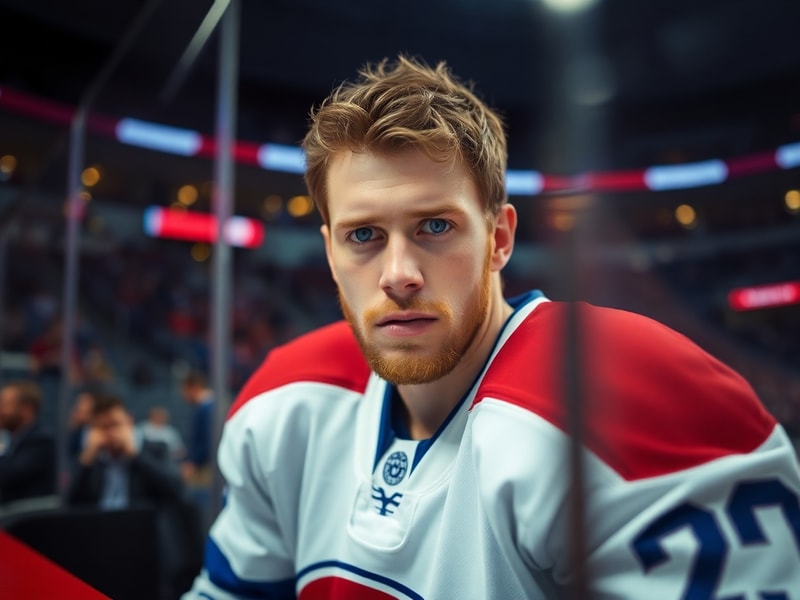 A focused action shot of Vincent Desharnais in a Montreal Canadiens jersey, skating defensively in a game setting, showcasing