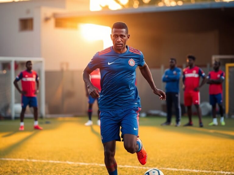 A dynamic photo of Pape Thiaw in a soccer uniform mid-match, showcasing his athletic form and focus on the field, with a stad