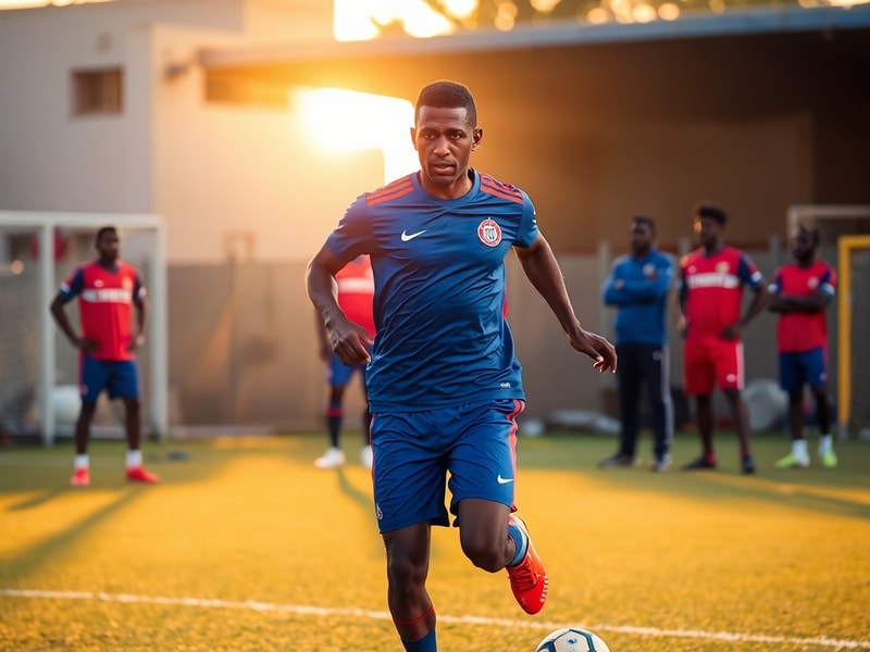 A dynamic photo of Pape Thiaw in a soccer uniform mid-match, showcasing his athletic form and focus on the field, with a stad