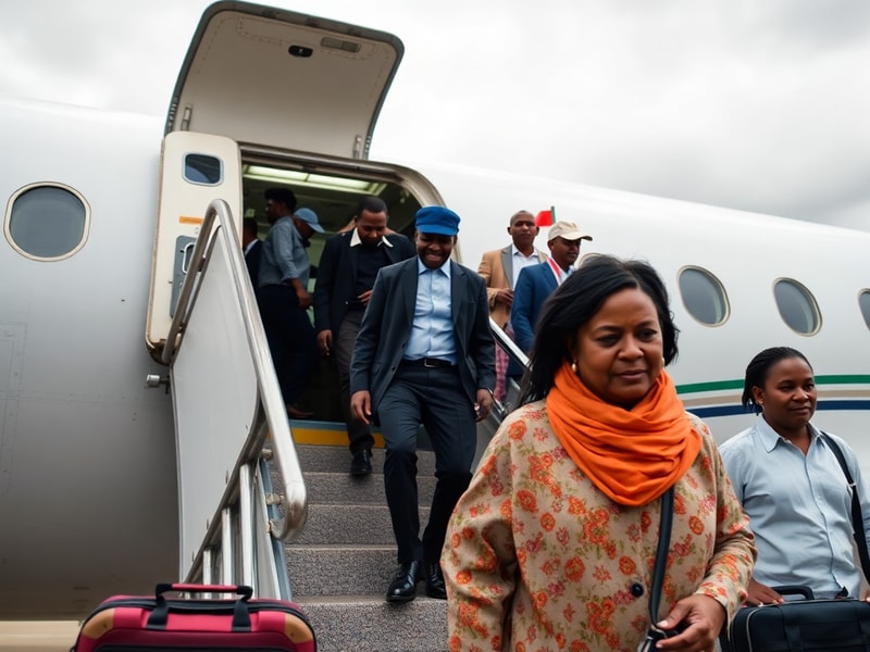A group of Nigerians boarding a government-chartered evacuation flight at Johannesburg International Airport, with South Afri