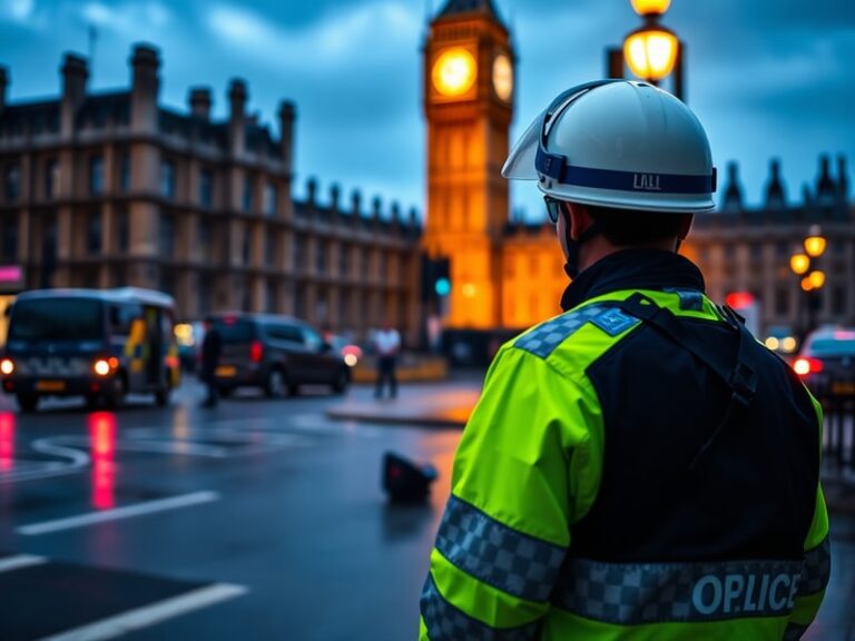 Aerial view of London’s Metropolitan Police headquarters at New Scotland Yard at dusk, with officers in reflective vests patr