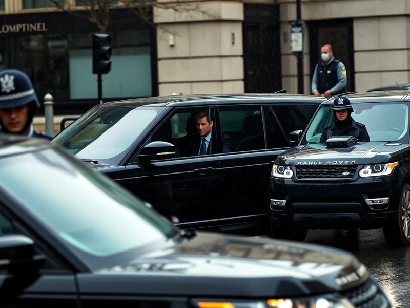 A split-image composition: on the left, Prince Harry in a suit with armed officers in the background; on the right, a private