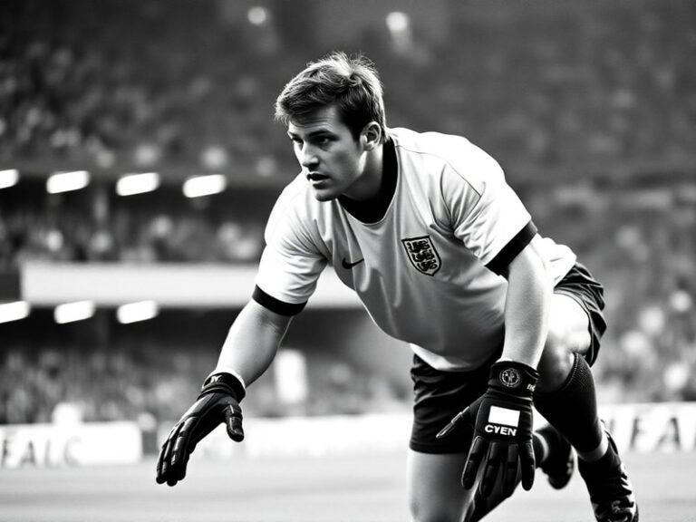 A dynamic action shot of Peter Shilton in full England goalkeeper kit, mid-save during a match, with blurred stadium crowd an