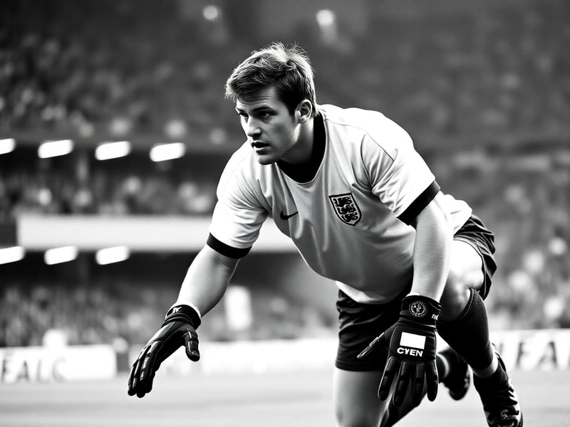 A dynamic action shot of Peter Shilton in full England goalkeeper kit, mid-save during a match, with blurred stadium crowd an